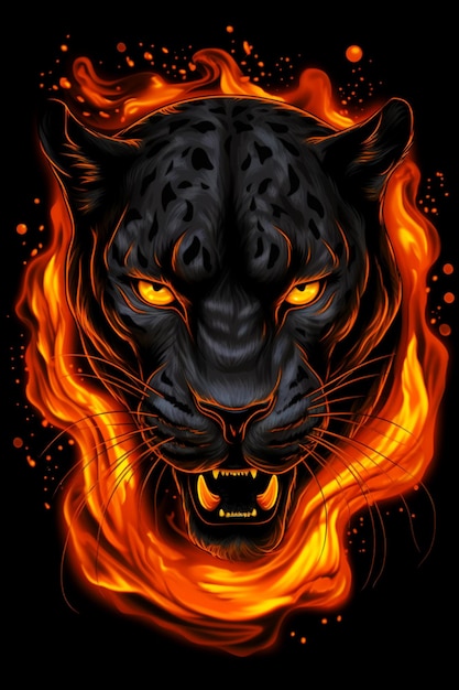 Primo piano della tigre nera con fiamme arancioni sulla sua faccia IA generativa
