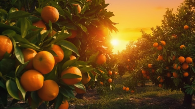 Primo piano delle arance su un albero nel frutteto durante il tramonto