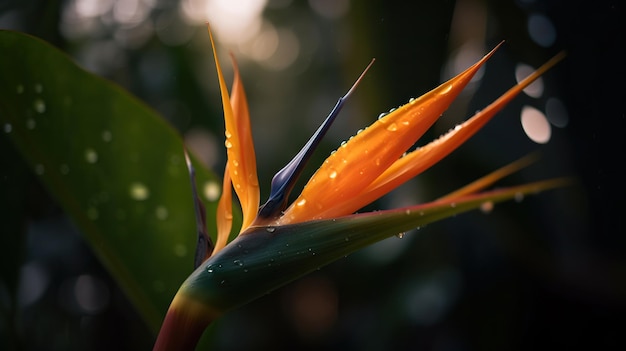 Primo piano delle foglie della pianta Strelitzia reginae con gocce di pioggia Sfondo naturale verde IA generativa