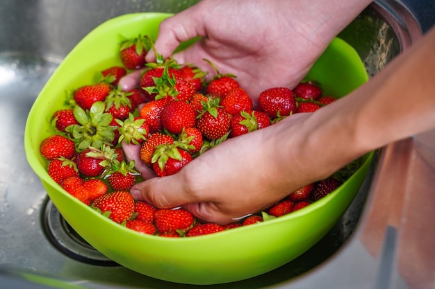 Primo piano delle fragole di lavaggio della mano in tazza verde?