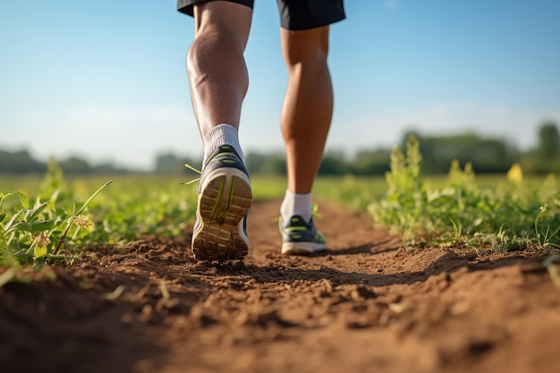 Primo piano delle gambe con scarpe sportive che corrono su una pista svegliando i piedi sulla strada IA generata dalla luce naturale