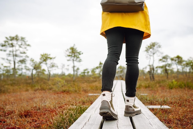 Primo piano delle gambe in stivali di turista che cammina lungo il sentiero in legno sullo sfondo della fauna selvatica