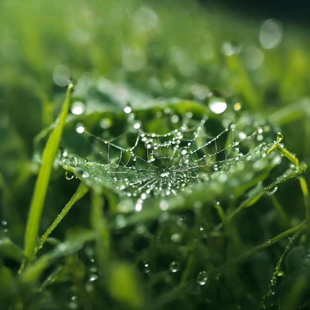 Primo piano delle goccioline d'acqua sull'erba verde fresca e sulla ragnatela