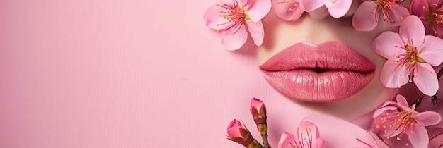 primo piano delle labbra femminili rossetto rosa lucentezza delle labbra fiori rosa delicati intorno a spa e cosmetologia concetto cura della pelle trucco luminoso spazio di copia banner orizzontale