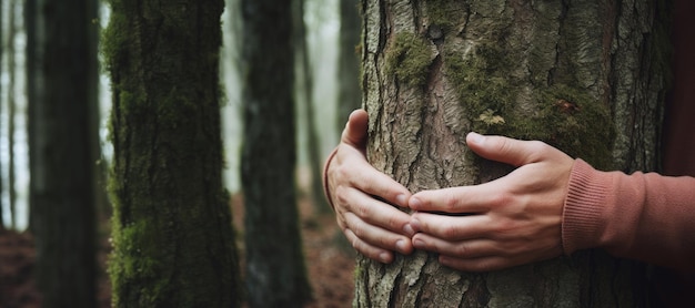 Primo piano delle mani che abbracciano un albero IA generativa