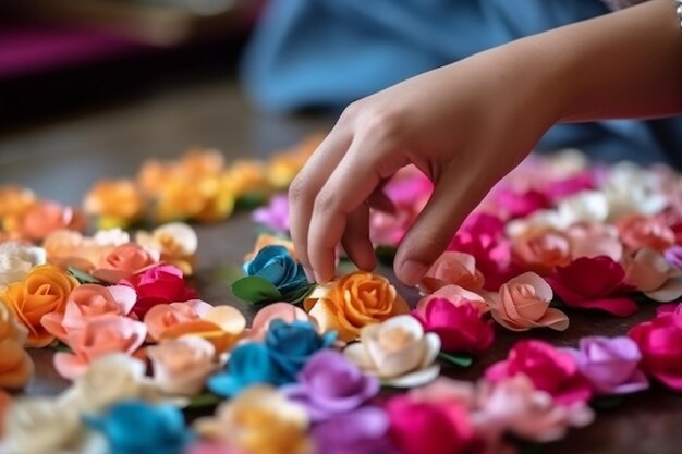 Primo piano delle mani che organizzano fiori colorati per decorazioni islamiche Islamiche