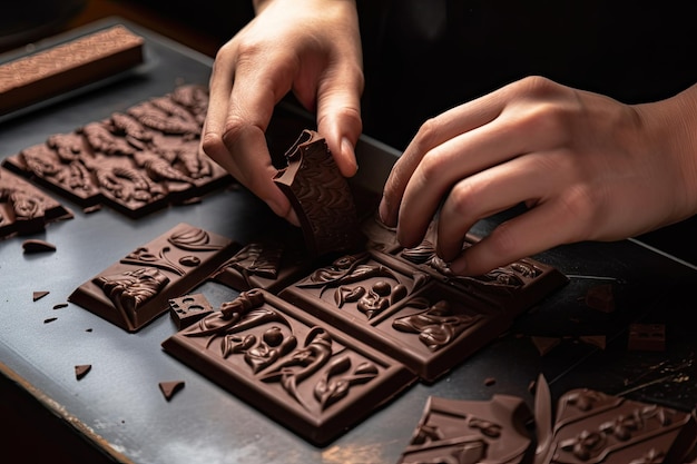 Primo piano delle mani dei cioccolatieri che modellano il cioccolato in forme e motivi delicati