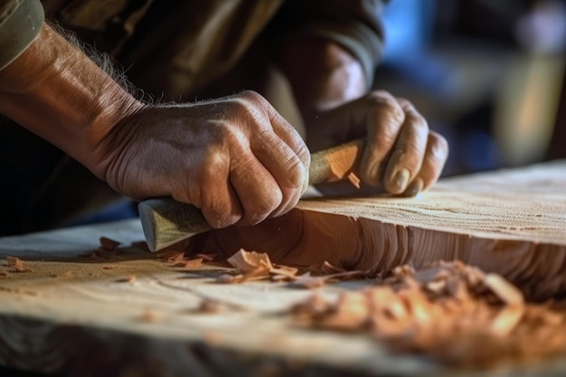 Primo piano delle mani del falegname in officina che misura il legno IA generativa