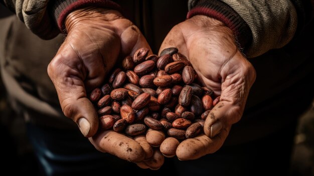 Primo piano delle mani dell'agricoltore che tengono la ciliegia del caffè dopo il processo a secco Prodotto biologico di origine naturale
