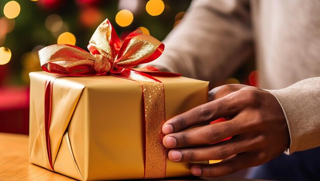 Primo piano delle mani dell'uomo che tengono il contenitore di regalo su fondo di Natale