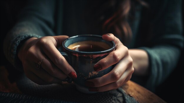 Primo piano delle mani della donna che tengono tazza di tè generativo ai