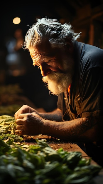 Primo piano delle mani di un artigiano che arrotola una foglia di tabacco Creato con l'IA generativa