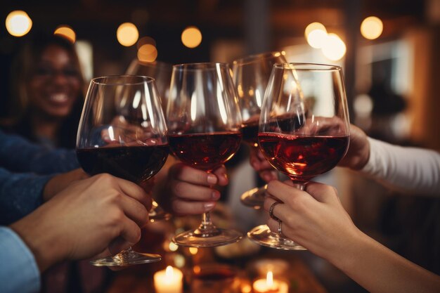 Primo piano delle mani di un gruppo multietnico di amici felici che tostano bicchieri di vino a cena