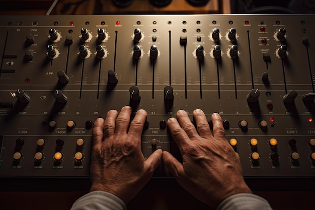 Primo piano delle mani di un tecnico del suono che lavora su un mixer Mano su una stazione di mixer audio vista dall'alto generata dall'intelligenza artificiale