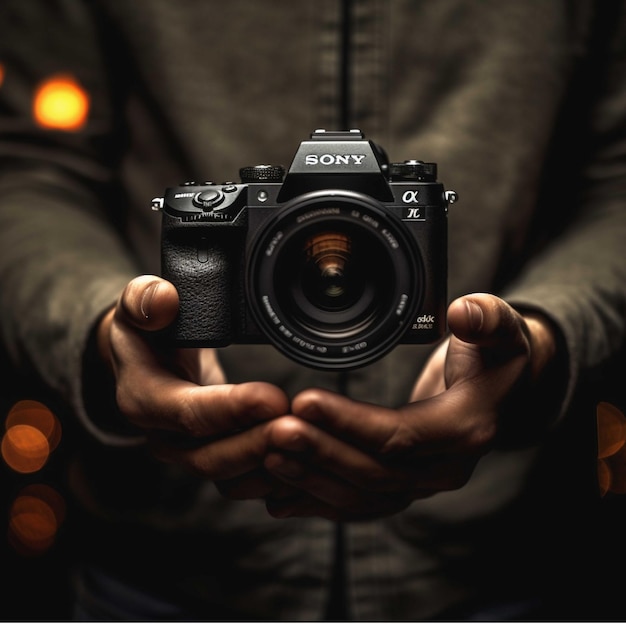 Primo piano delle mani di un uomo che tiene una macchina fotografica con uno sfondo nero