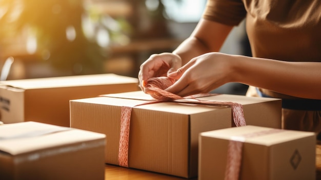 Primo piano delle mani di una donna che imballano una scatola di cartone in un negozio che prepara la spedizione Consegna logistica e-commerce