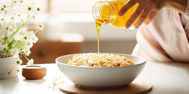 Primo piano delle mani femminili che aggiungono miele alla farina d'avena IA generativa