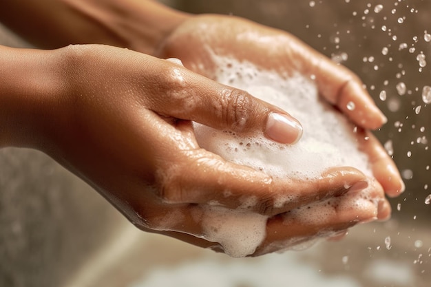 Primo piano delle mani femminili che si lavano con acqua