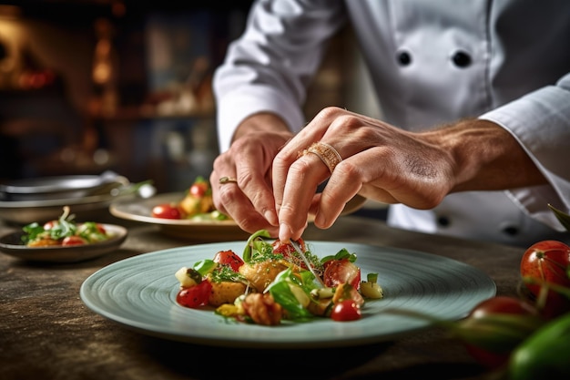 Primo piano delle mani maschii dello chef che decorano il piatto di insalata