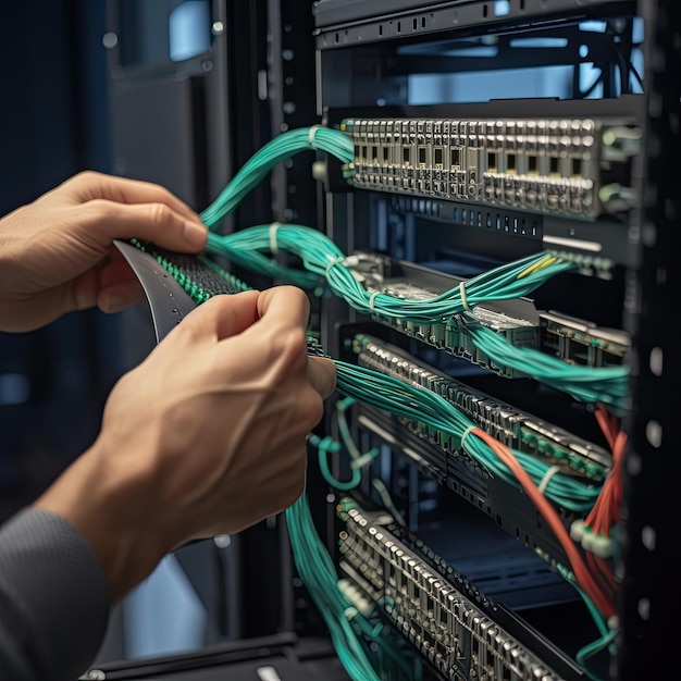 Primo piano delle mani maschili che collegano i cavi di rete nel data center Ingegnere IT mani primo piano installazione cavo in fibra ai Generato