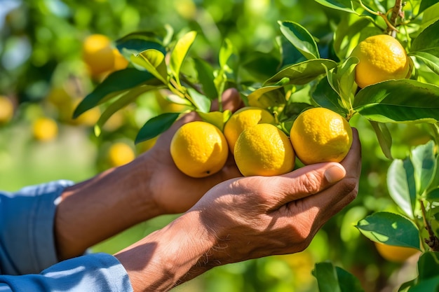 Primo piano delle mani maschili dell'agricoltore che raccolgono frutti di limoni Raccolta di alimenti biologici e concetto di agricoltura AI generato