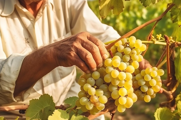 Primo piano delle mani maschili dell'agricoltore che raccolgono uva bianca Raccolta di frutta biologica e concetto di agricoltura IA generata