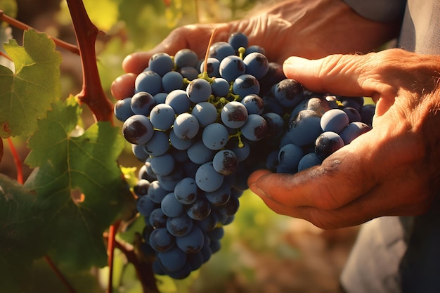 Primo piano delle mani maschili dell'agricoltore che raccolgono uva rossa Raccolta di frutta biologica e concetto di agricoltura IA generata