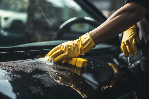 Primo piano delle mani maschili in guanti gialli che puliscono l'auto con il servizio di pulizia automatica in spugna auto pulita all'interno Generato dall'intelligenza artificiale