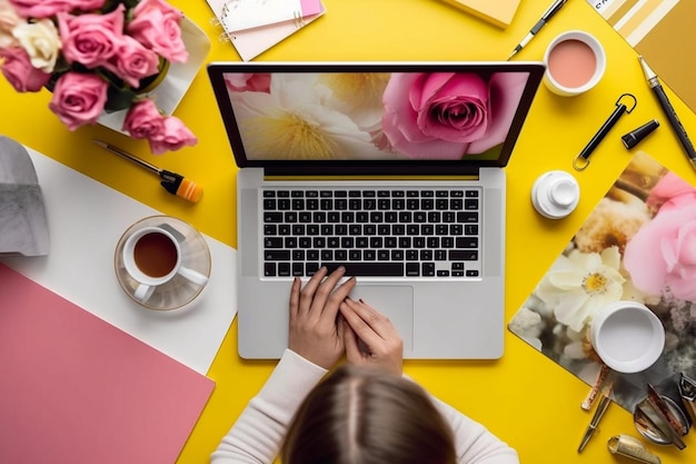 Primo piano delle mani, tastiera del laptop e tavolo floreale Donna blogger e creatrice di contenuti IA generativa