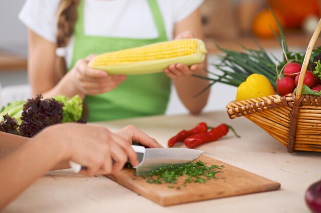 Primo piano delle mani umane che cucinano insalata di verdure in cucina Pasto sano e concetto vegetariano