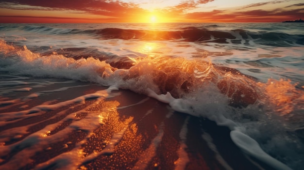 Primo piano delle onde della spiaggia con il tramonto