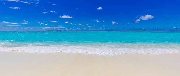 Primo piano delle onde della spiaggia sabbiosa e del cielo estivo blu Panorama della spiaggia panoramica Mare spiaggia tropicale vuota