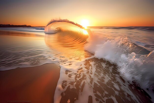 Primo piano delle onde dorate e delle spiagge al tramonto Immagine generata dalla tecnologia AI