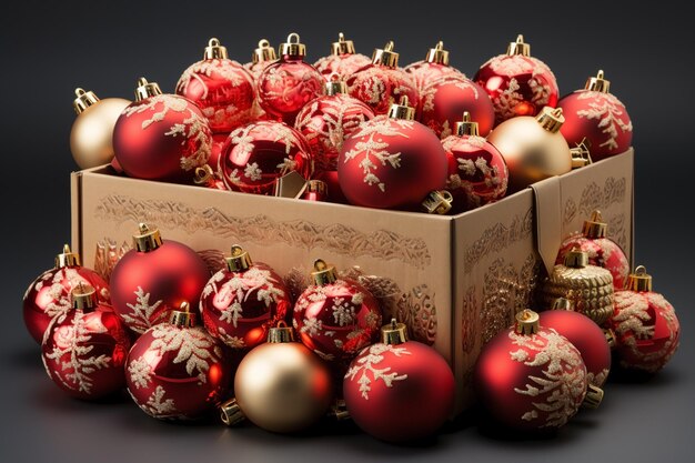 primo piano delle palle di Natale festive nella decorazione della scatola per le vacanze