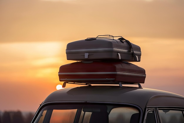 Primo piano delle valigie sul tetto dell'auto con il tramonto sullo sfondo