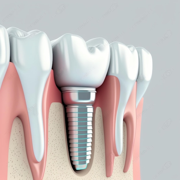 Primo piano dente bianco e gengiva con impianto dentale