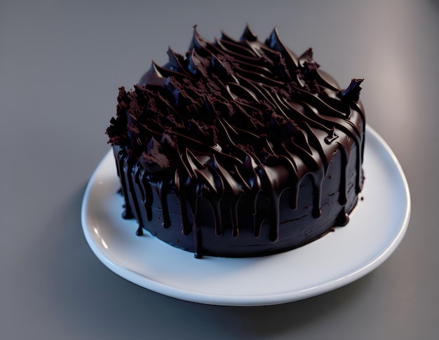 Primo piano dettagliato di una torta o torta al cioccolato umida e soffice con un generoso strato di cremoso brigadeiro AI generato