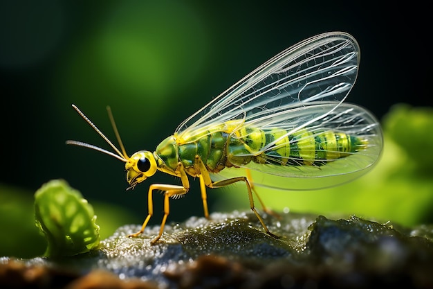 Primo piano dettagliato su un delicato lacewings trasparente sulla parte superiore della foglia vibrante