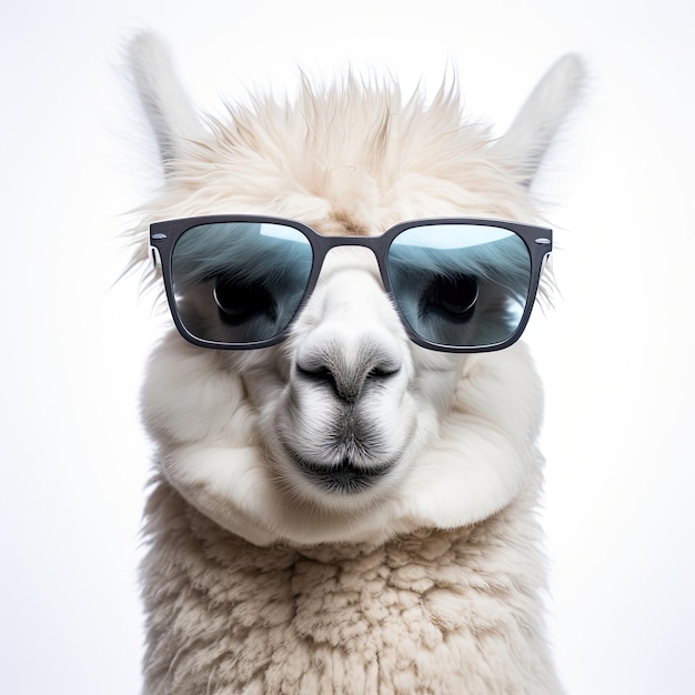 Primo piano di Alpaca con occhiali da sole su sfondo bianco