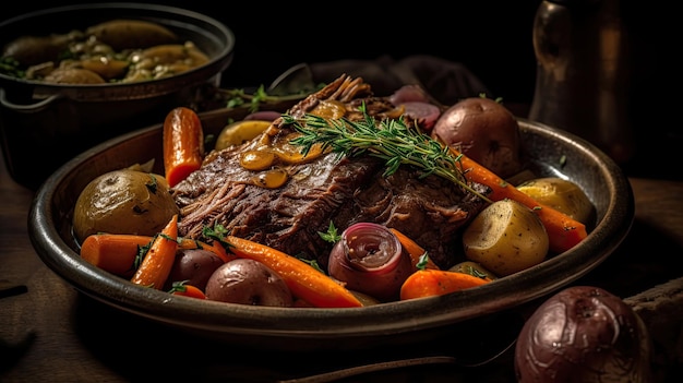 Primo piano di arrosto pieno di verdure su una ciotola con sfondo sfocato