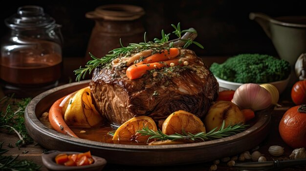 Primo piano di arrosto pieno di verdure su una ciotola con sfondo sfocato