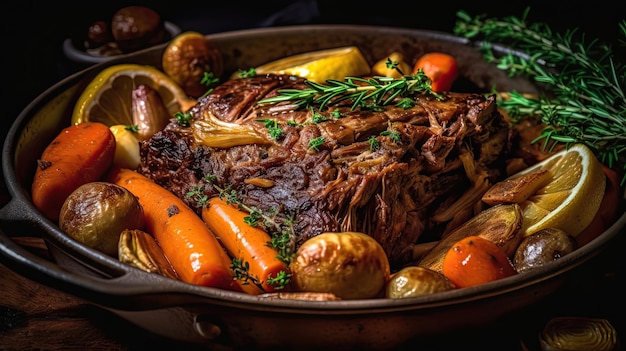 Primo piano di arrosto pieno di verdure su una ciotola con sfondo sfocato