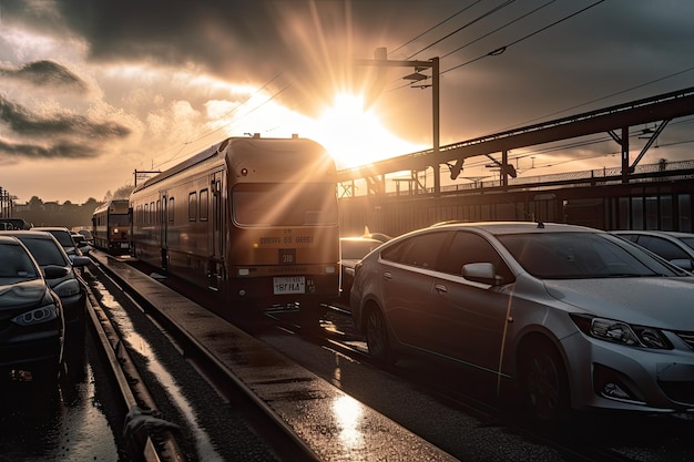 Primo piano di auto in attesa del treno all'incrocio con il sole che spunta da dietro le nuvole