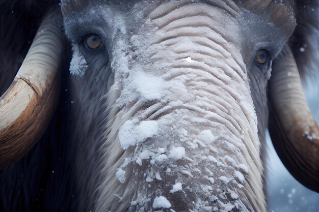 Primo piano di baffi di mammut ricoperti di neve