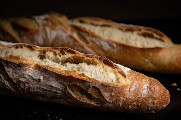 Primo piano di baguette appena sfornate con esterno croccante e interno gommoso creato con ai generativo