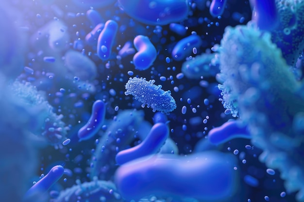primo piano di batteri blu microscopici 3D