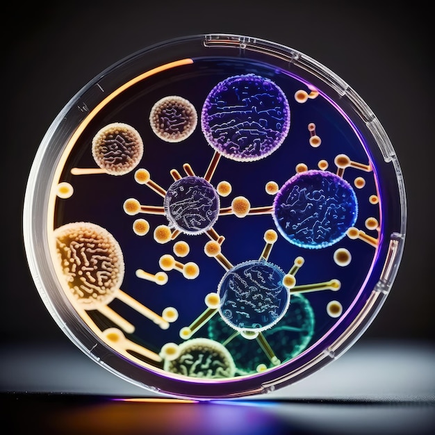 Primo piano di batteri e cellule virali nel piatto campione del laboratorio scientifico per il siero