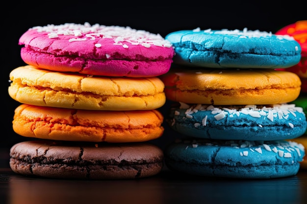 Primo piano di biscotti colorati su sfondo nero