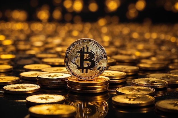 primo piano di bitcoin dorati su una superficie riflettente scura e l'istogramma della crittografia decrescente