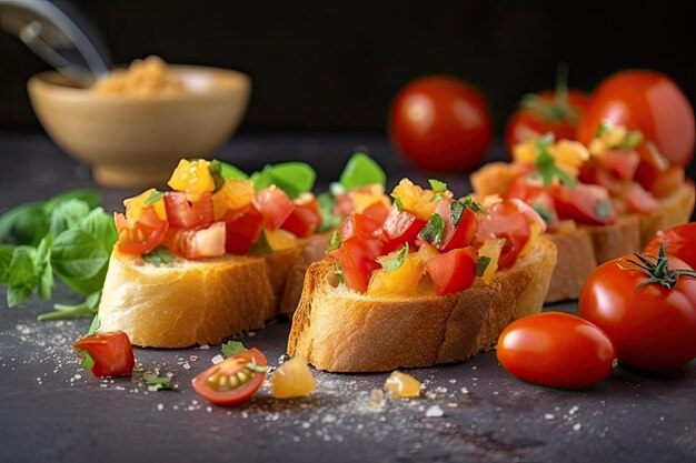 Primo piano di bruschette con pane tostato e deliziosa combinazione di ingredienti